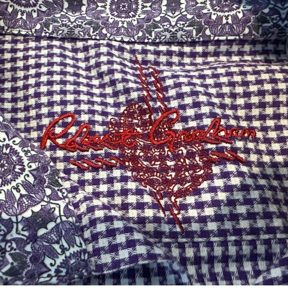 Robert Graham Men's Plaid Paisley Flip Cuff Shirt Purple Size Large Bold Casual - Picture 4 of 12